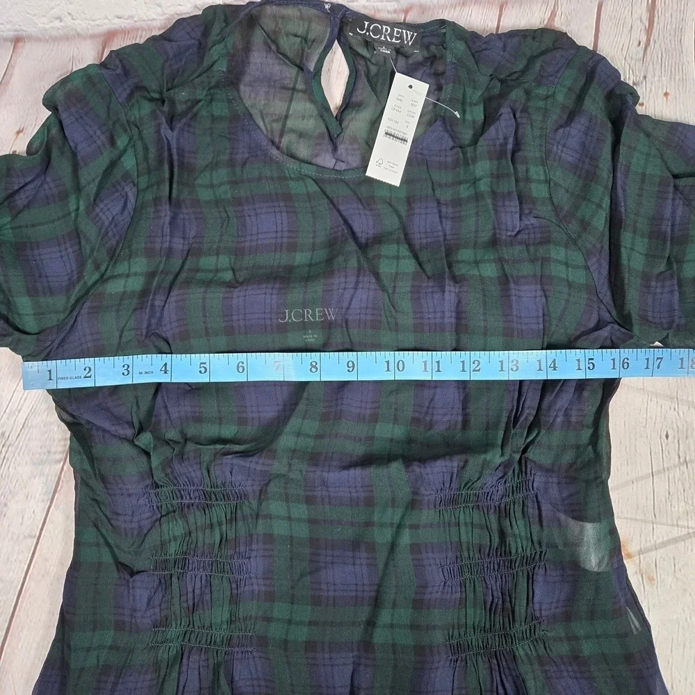 J. Crew Chiffon shirred-waist top in Black Watch tartan Cooper‎ Green Blue 6 NWT